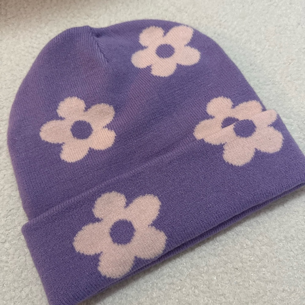 Earthbound Purple Floral Beanie Hat - White Flower Pattern